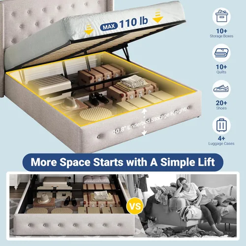Miniatura 3 de Allewie Cama de almacenamiento elevable tamaño Queen, cabecero capitonado con botones con respaldo de ala, soporte hidráulico, no necesita somier