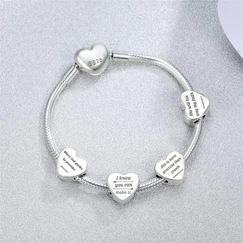 Miniatura 6 de Encanto de corazón compatible con pulseras de Pandora Encantos inspiradores grabados en joyería Personalidad y regalos de aliento para mujeres