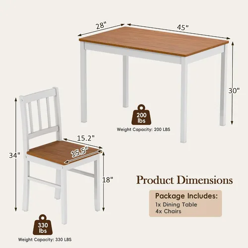 Miniatura 2 de Juego de mesa de comedor de 5 piezas para 4, juego de mesa de cocina rectangular de madera maciza con 4 sillas, juego de comedor de madera que