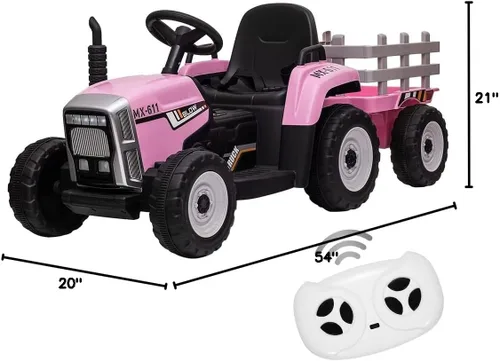 Miniatura 7 de Tractor eléctrico de 12V para niños con batería, con remolque, vehículo de paseo para niños con control remoto/ 7 faros LED/ cambios de marcha 2+1