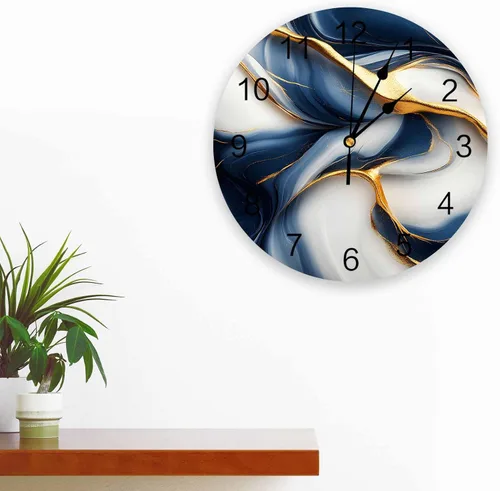 Miniatura 3 de Reloj de pared de PVC de mármol azul dorado para decoración de sala de estar, textura abstracta retro, silencioso, sin tictac, funciona