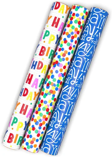 Miniatura 2 de Hallmark Mini rollos de papel de regalo de cumpleaños, paquete de 3 (lunares arcoíris y letras, Yay azul y blanco) para fiestas infantiles