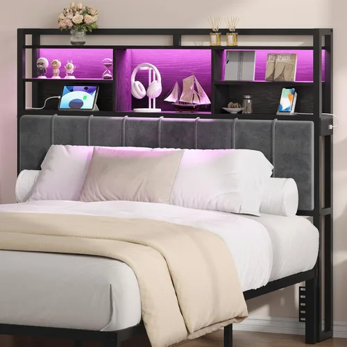 Miniatura 12 de Hzuaneri Cabecero con estantes de almacenamiento de 3 niveles, tablero de cabecera tapizado de terciopelo con 2 tomas, puertos USB y luz LED, Marrón