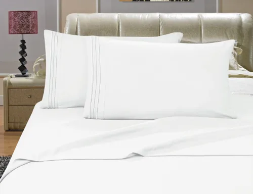 Miniatura 2 de Elegance Linen Sin arrugas, juego de sábanas de 4 piezas de tejido suave y sedoso de 1500 hilos, tamaño California King, color blanco sólido