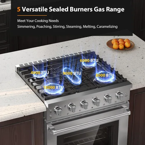 Miniatura 5 de Empava Estufa de Gas de 30 Pulgadas con Convección Verdadera, Horno de 4.55 Pies Cúbicos, Quemador de Potencia de 18,000 BTU para Sellar, Superficie
