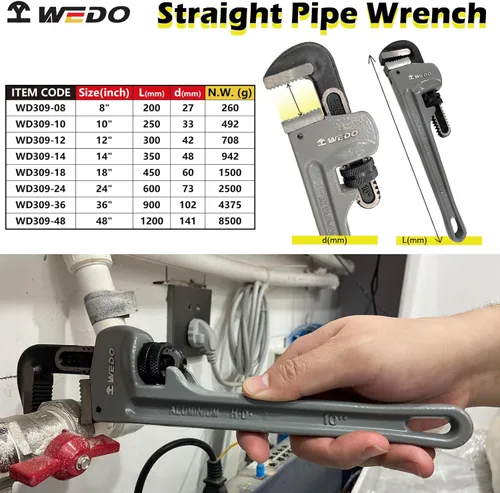 Miniatura 2 de WEDO Llave de tubo recta de 14 ", llave de fontanería, llave de aluminio, apertura máxima 2.559 in, cabeza forjada de acero al cromo-molibdeno