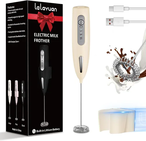 Espumador de leche eléctrico, ajuste de tres velocidades, licuadora de mano inalámbrica recargable por USB con soporte adhesivo incluido, batidor de