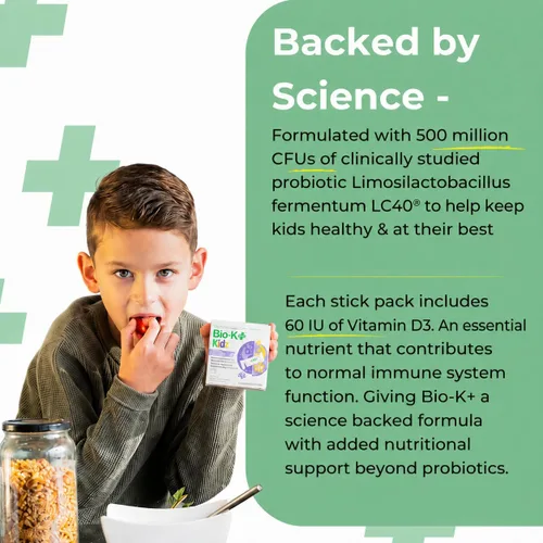 Miniatura 4 de Bio-K+ Kidz - Polvo probiótico para niños con vitamina D3, estable en el estante, sin OMG, sin gluten, 28 paquetes de una sola porción
