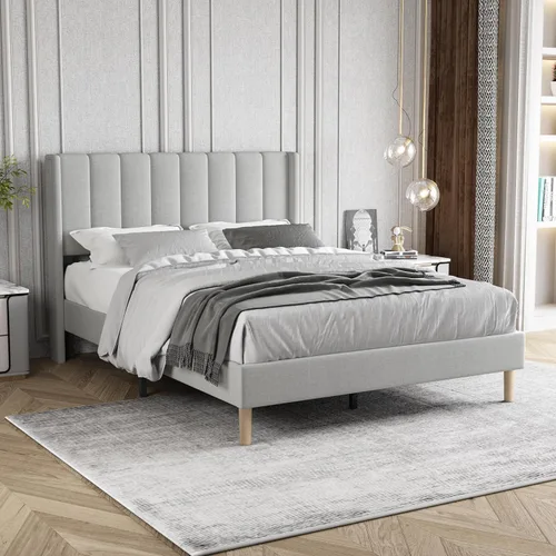 Miniatura 26 de Marco de Cama Tapizada de Plataforma Tamaño Full con Cabecero, Soporte de Listones de Madera Resistentes, No Necesita Somier, Montaje Fácil, Beige