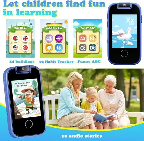 Miniatura 4 de PTHTECHUS Juguetes telefónicos para niños y niñas – Pantalla táctil para niños pequeños, reproductor de música MP3 con doble cámara, rastreador