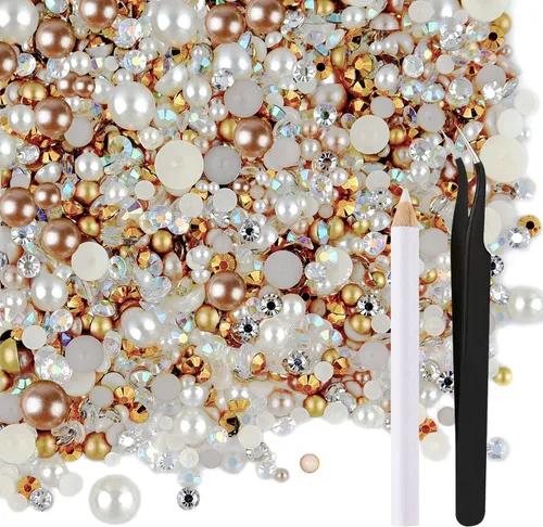 Miniatura 18 de ASTARON 50g Mezcla de Piedras Planas de Imitación con Perlas Medias para Manualidades, Tamaño Mixto 3mm-10mm, Piedras de Imitación de Parte Plana
