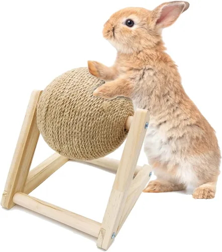 BNOSDM Juguete de madera para rascar, cuerda de sisal natural de madera, juguete rascador de conejo con bola para conejos, conejos, hurones,