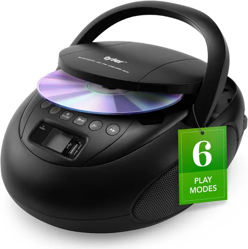 Tyler Reproductor de CD portátil Boombox con radio FM, Bluetooth y puerto USB | Sonido estéreo claro | Compatible con CD-R/RW y MP3 CDs | Entrada