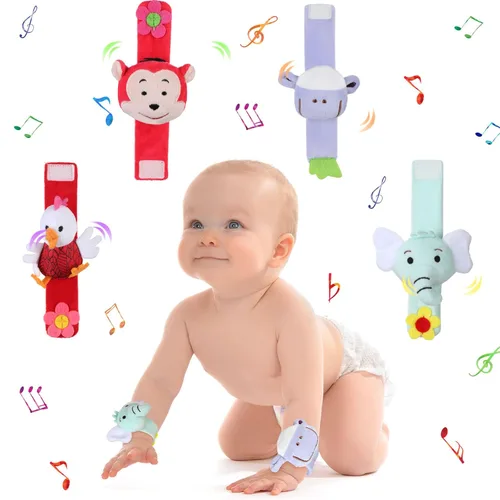 4 piezas de sonajeros de muñeca con patrón de animales para recién nacidos, juguete para bebés de 0 a 12 meses, regalos de cumpleaños, juguetes