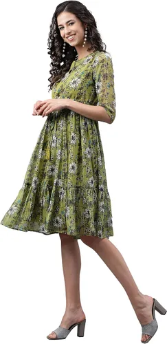Miniatura 5 de Janasya Vestido acampanado con estampado floral de lúrex de gasa verde oliva para mujer india