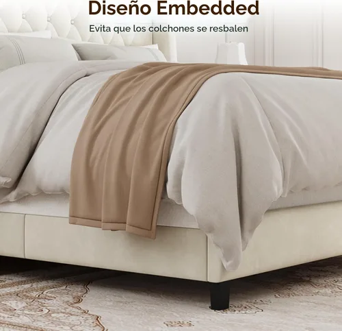 Miniatura 5 de Base de cama matrimonial con cabecero de 55 pulgadas de alto, marcos de cama tapizados, tela suave, cabecera capitonada con botones y parte trasera