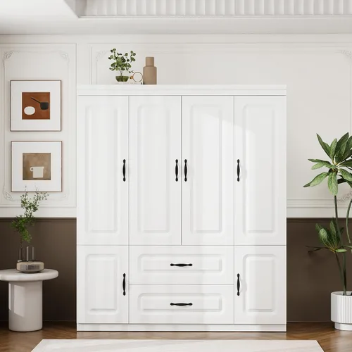 Miniatura 11 de Armario de madera, armario de almacenamiento grande, diseño de 4 puertas, armario con 2 cajones y 2 varillas para colgar, adecuado para dormitorio