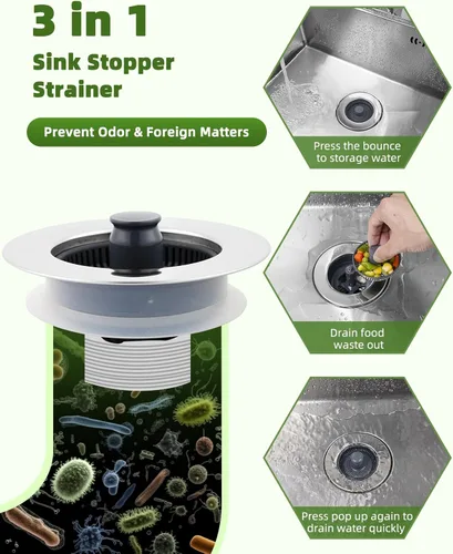 Miniatura 3 de Tapón universal para fregadero de cocina, tapón de fregadero de cocina desplegable 3 en 1 con carcasa envuelta de acero inoxidable cromado