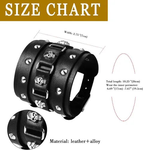 Miniatura 3 de Aroncent Pulsera de cuero con calavera: pulsera ancha con remache de metal, estilo de bicicleta punk rock, ajustable, pulsera gótica para hombre