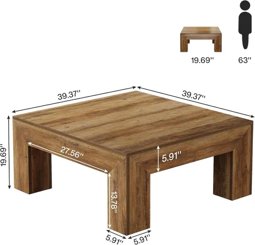 Miniatura 2 de Tribesigns Mesa auxiliar cuadrada de 39.4 pulgadas para sala de estar, mesa de cóctel central de decoración de granja con patas de madera