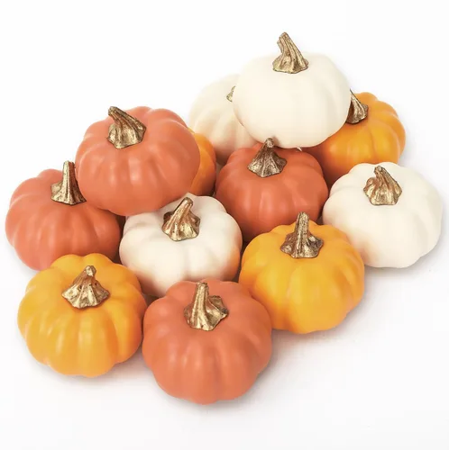 AnyDesign 12 calabazas artificiales de otoño, mini calabazas de espuma falsas color naranja, verduras de cosecha sintética para otoño, Acción de
