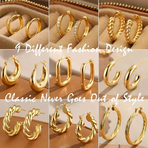 Miniatura 5 de 9 pares de aretes de aro de oro para mujer, chapados en oro de 14 quilates, ligeros, gruesos, trenzados, para regalo, Latón, No es una piedra