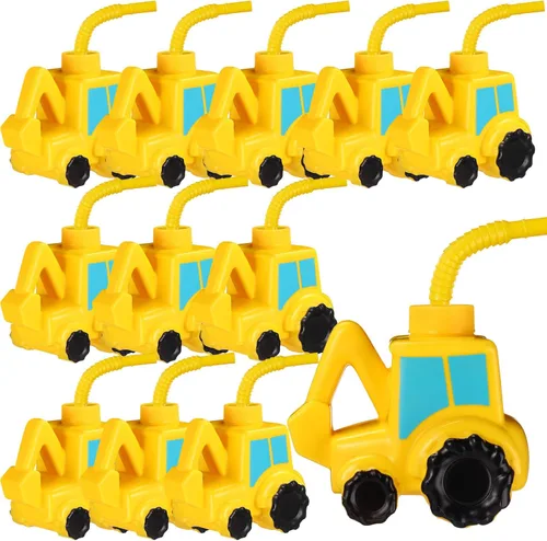Tanlade Juego de 12 tazas de camión para excavadora con pajitas, decoración de fiesta de cumpleaños de tractor, 10 onzas, taza de plástico con forma