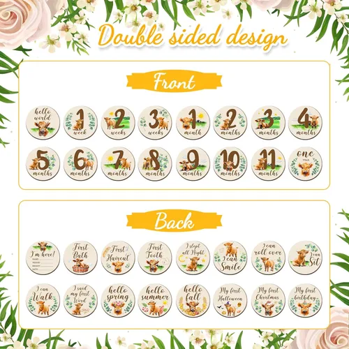 Miniatura 2 de Tiamon 16 tarjetas mensuales de madera para bebé, discos de marcador de hitos mensuales, círculos de madera de doble cara, letreros de meses