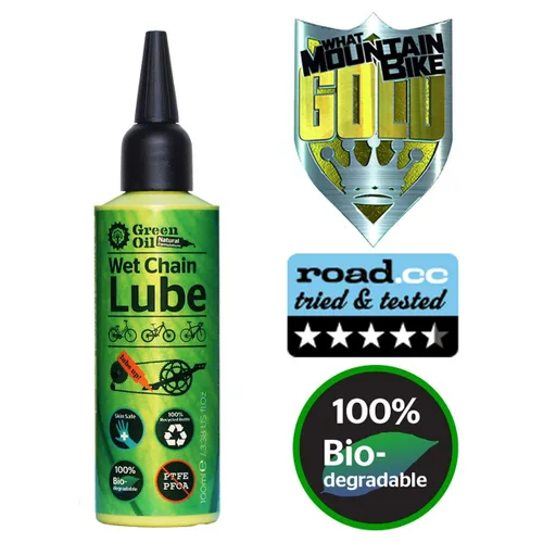 GREEN OIL Lubricante de cadena de ciclo, 3.4 fl oz, adecuado para todas las bicicletas, condiciones húmedas y secas, biodegradable, natural, Paquete