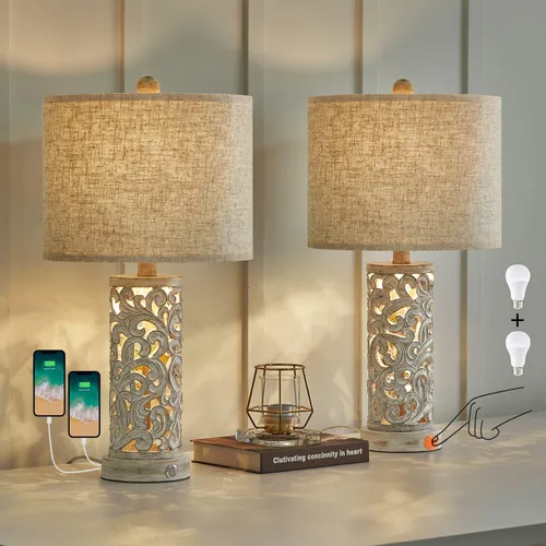 OYEARS Juego de 2 lámparas de mesita de noche con USB y luz nocturna, lámparas táctiles regulables de 22 pulgadas para mesita de noche, lámparas de