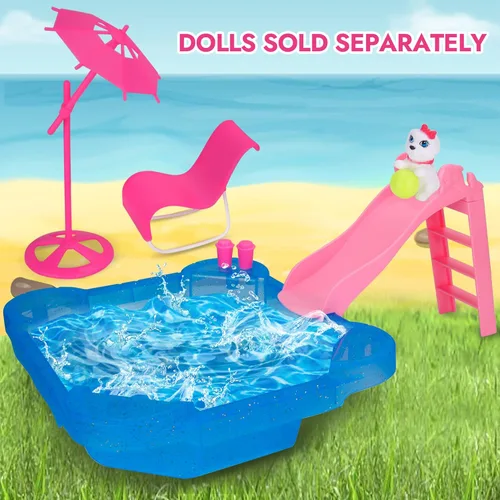 Miniatura 2 de BETTINA Juego de Piscina - Piscina Glamorosa con Tobogán, Accesorios de Piscina para Muñecas Incluye Silla de Playa, Sombrilla de Playa, Perro