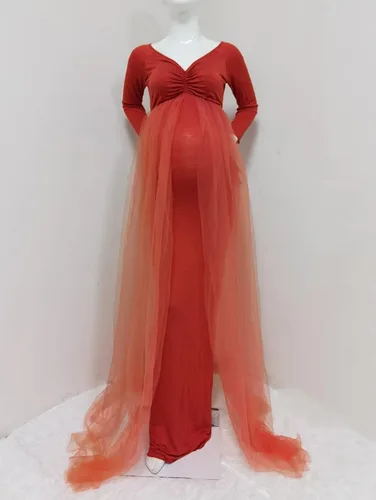 Miniatura 5 de ZIUMUDY Vestido de maternidad de tul con hombros descubiertos para sesión de fotos, vestido de fotografía ajustado de manga larga para baby shower