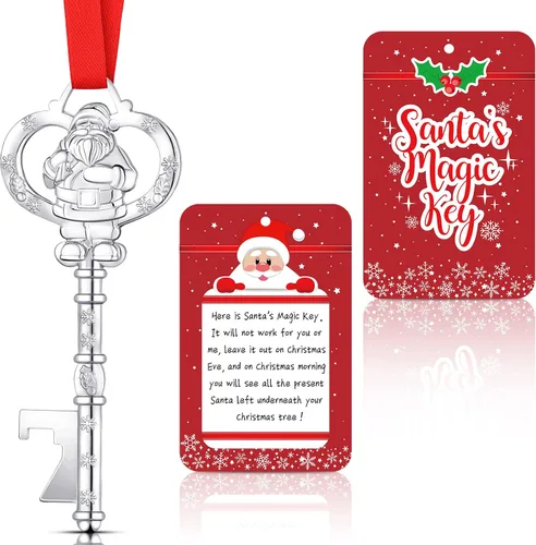Miniatura 8 de Llave de Papá Noel de Navidad para casas sin chimenea, llave de metal, adorno colgante de árbol de Navidad con tarjeta para decoración de casas