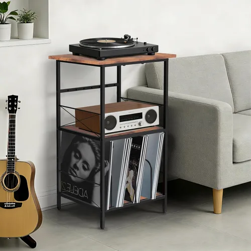 Miniatura 3 de Soporte para tocadiscos con 4 divisores ajustables, almacenamiento de discos de vinilo con capacidad para 200 LPs, mesa auxiliar de 3 capas, mesa