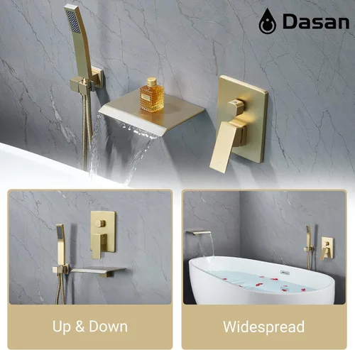 Miniatura 3 de DASAN - Grifo de llenado de bañera de montaje en pared mejorado con ducha de mano, grifo de bañera moderno montado en la pared, dorado cepillado