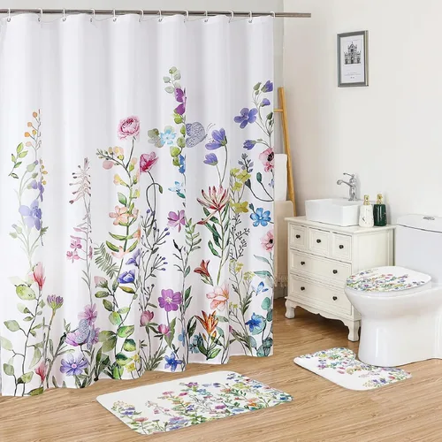 Miniatura 9 de Juego de 4 cortinas de ducha con alfombras antideslizantes, cubierta para tapa de inodoro y tapete de baño, cortinas de ducha de tela floral de 72 x