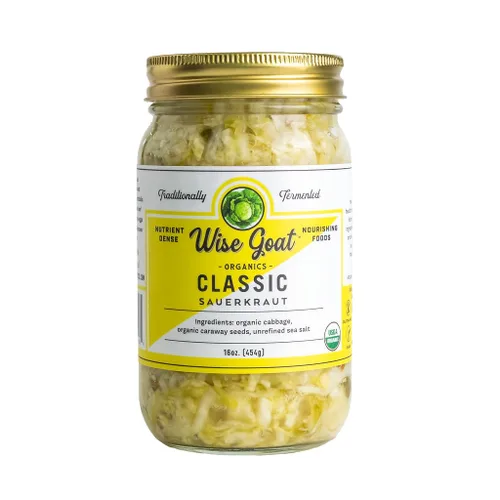 Chucrut probiótico fermentado orgánico crudo, variedad "Clásica" [Vegano, Sin Gluten, Sin OGM, Probiótico] Tarro de vidrio de 16 oz por Wise Goat