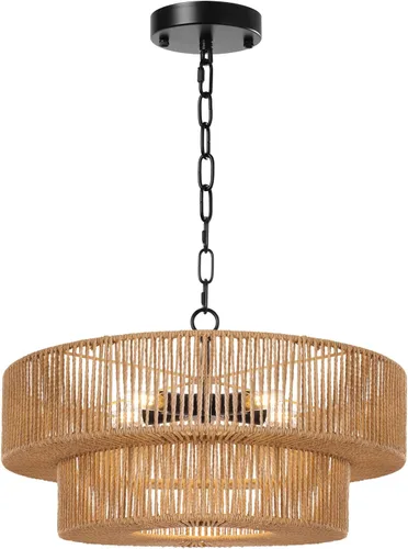 Miniatura 8 de LamQee Candelabros de Ratán Estilo Granja de 22 Pulgadas, Lámpara de Araña Boho de 5 Luces con Pantalla de Mimbre Tejida a Mano, Luces Colgantes