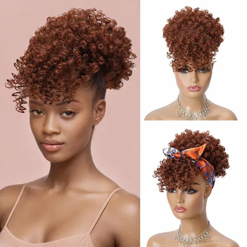 Miniatura 14 de Cola de caballo con cordón para mujeres negras Afro Puff Cola de caballo con cordón con flequillo Cola de caballo corta crespa y rizada Moño cola