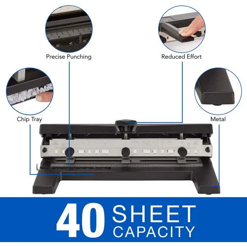 Miniatura 5 de Swingline Perforadora de 3 agujeros resistente, capacidad de 40 hojas, perforadora de tres agujeros, 3 anillos, perforadora de papel ajustable de 2