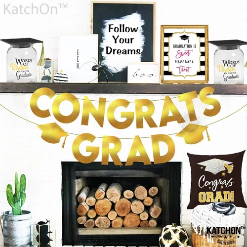 Miniatura 8 de KatchOn, Banner de graduación de felicitaciones doradas y negras con purpurina, 10 pies, pancarta de graduación dorada y negra, guirnalda de gorra