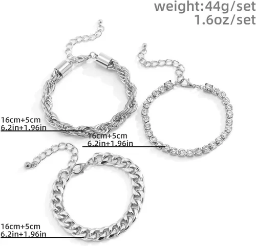 Miniatura 5 de Octwine Juego de pulseras de diamantes de imitación de moda para mujer, oro y plata, con colgante grueso, cadena apilable, brazalete ajustable
