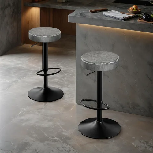 Miniatura 3 de STOOLINK Juego de 2 taburetes de bar ajustables sin respaldo de cocina con asiento redondo, taburetes de bar giratorios de 360° de altura de Gris