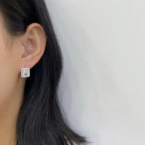 Miniatura 2 de White Gold Plated 925 Sterling Silver Small CZ Halo Huggie Hoop Earrings Rectangle