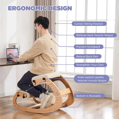Miniatura 4 de Silla ergonómica, mecedora ajustable para oficina en casa, silla de rodilla de madera para aliviar el dolor de espalda, color beige