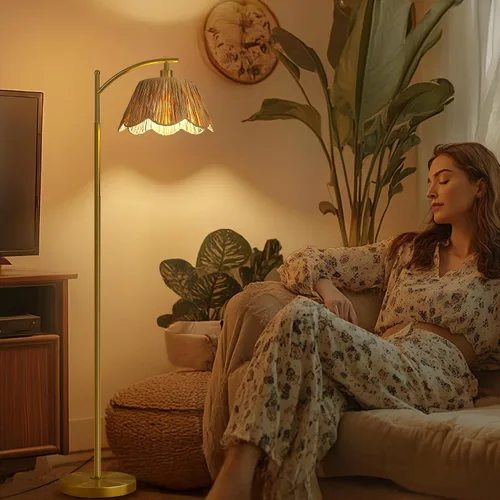 Miniatura 8 de Oneach Lámpara de pie arqueada para sala de estar, lámpara de pie de ratán boho con pantalla tejida a mano, interruptor a pedal, base y poste de Oro