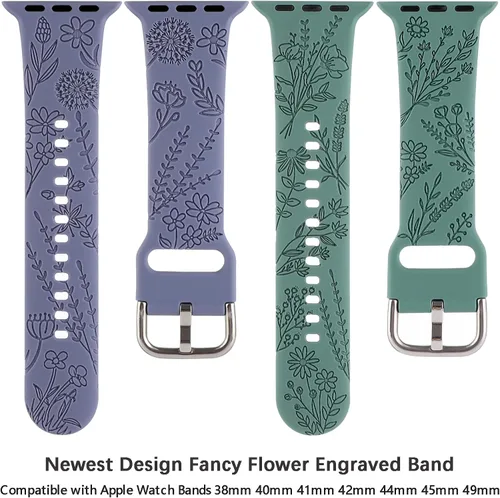 Miniatura 4 de Correa de silicona grabada con flores compatible con correas de Apple Watch de 1.496 pulgadas, 1.575 pulgadas, 1.614 pulgadas, bonita correa