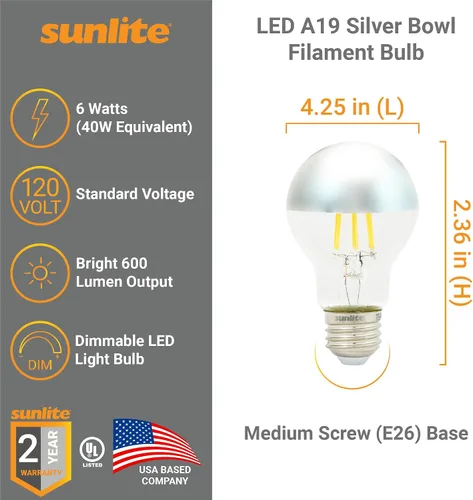 Miniatura 2 de Sunlite 80509 - Bombilla LED A19 transparente estilo filamento, 6 vatios (equivalente a 40 vatios), 600 lúmenes, 120 voltios, regulable, base E26
