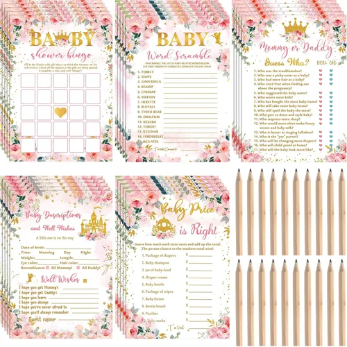 Fumete Juego de 125 juegos de princesa para baby shower, juego de 5 juegos con 20 lápices, incluye bingo de baby shower, palabras Scramble, Adivina