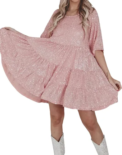 Miniatura 4 de Vestido de lentejuelas brillantes para mujer, cuello redondo, manga corta, color sólido, suelto, con purpurina, vestido de muñeca de bebé, fiesta